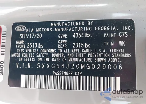 2021 Kia K5 Gt-Line из США, поврежденный, VIN 5XXG64J20MG029006